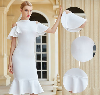 ADLEY<br>Social Club White Ruffles Bandage Style Sexy Hollow-Out Short Flare Sleeves Dress