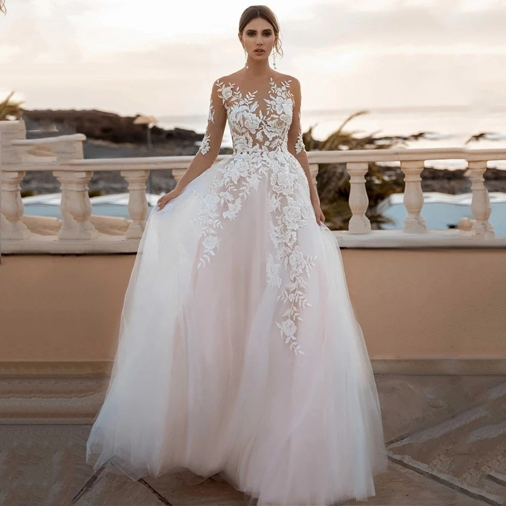 FLORA<br>Three-Quarter Sleeve Scoop Neck Backless Appliqué A-Line Court Train Tulle Bridal Gown