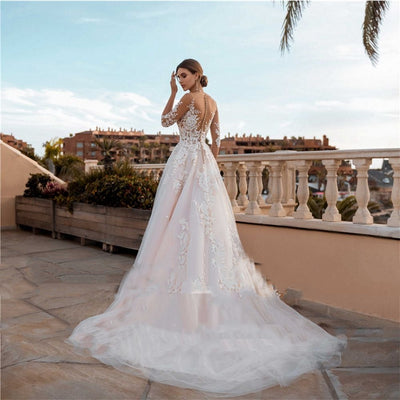 FLORA<br>Three-Quarter Sleeve Scoop Neck Backless Appliqué A-Line Court Train Tulle Bridal Gown