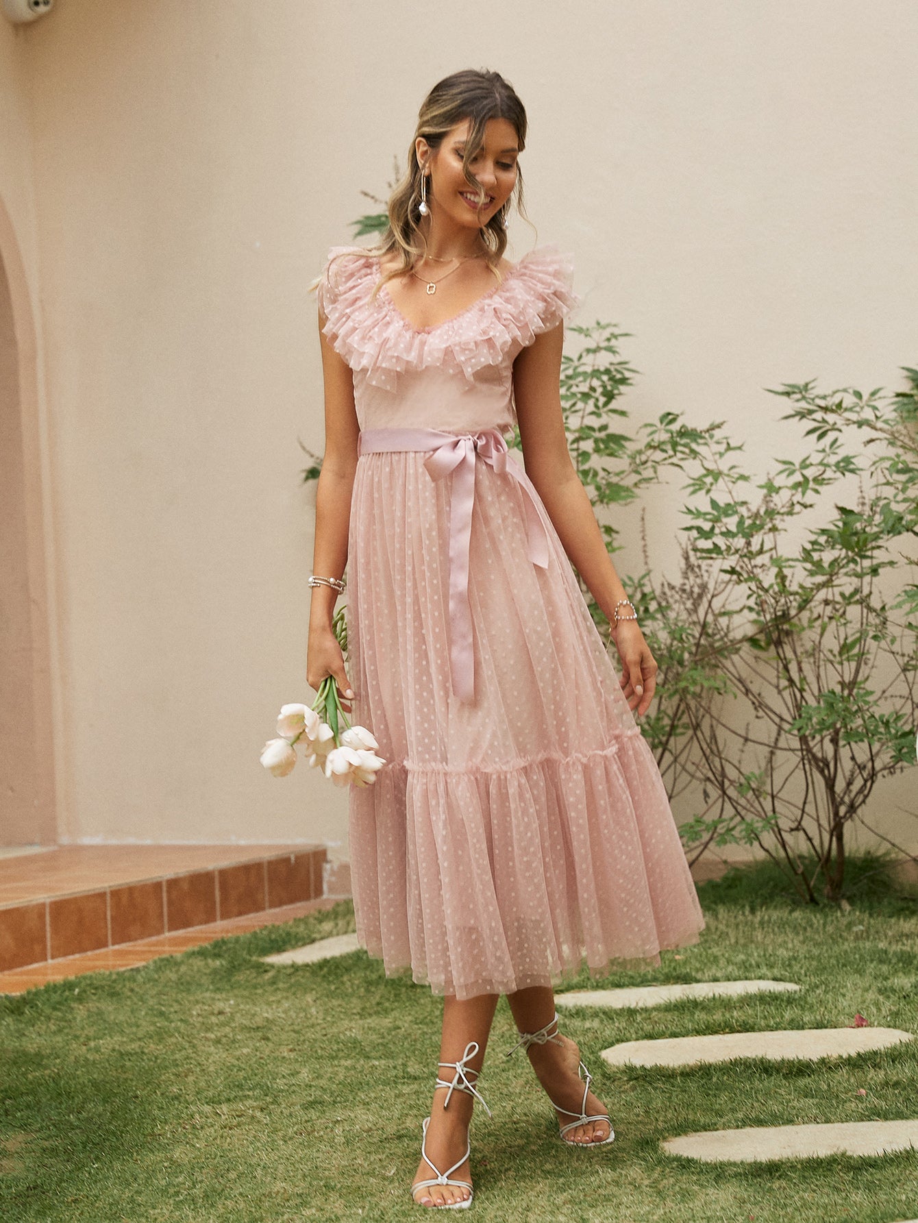 ELLISE<br>Romantic V-Neck Mesh Polka Dot Summer Tulle Backless Pink Ruffles Sleeveless Sashed Ankle-Length Dress