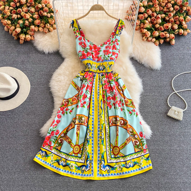 BEAUTIFUL CAPRI<br>Vintage Inspired Vacation Spaghetti Straps Printed High Elastic Waist A-Line Knee-Length Dress