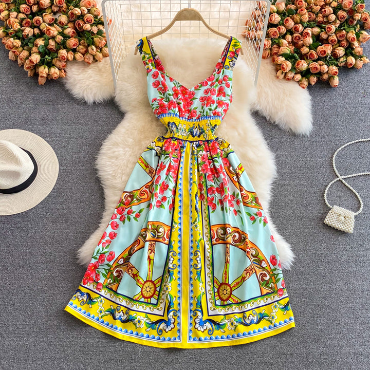 BEAUTIFUL CAPRI<br>Vintage Inspired Vacation Spaghetti Straps Printed High Elastic Waist A-Line Knee-Length Dress