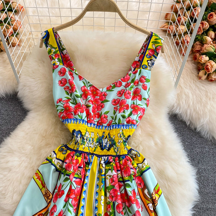 BEAUTIFUL CAPRI<br>Vintage Inspired Vacation Spaghetti Straps Printed High Elastic Waist A-Line Knee-Length Dress