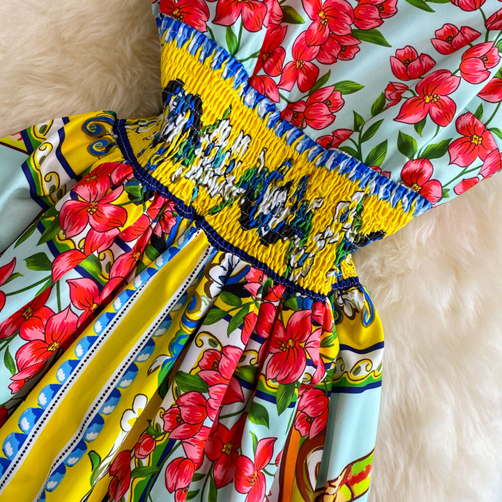 BEAUTIFUL CAPRI<br>Vintage Inspired Vacation Spaghetti Straps Printed High Elastic Waist A-Line Knee-Length Dress