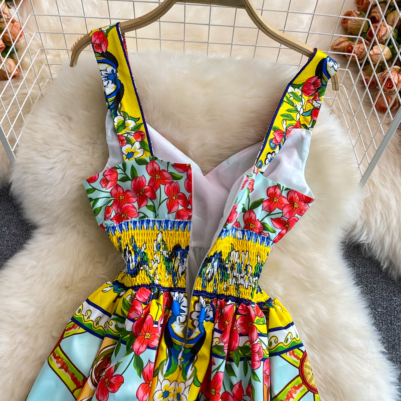 BEAUTIFUL CAPRI<br>Vintage Inspired Vacation Spaghetti Straps Printed High Elastic Waist A-Line Knee-Length Dress