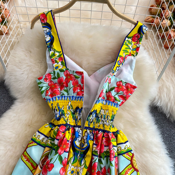 BEAUTIFUL CAPRI<br>Vintage Inspired Vacation Spaghetti Straps Printed High Elastic Waist A-Line Knee-Length Dress