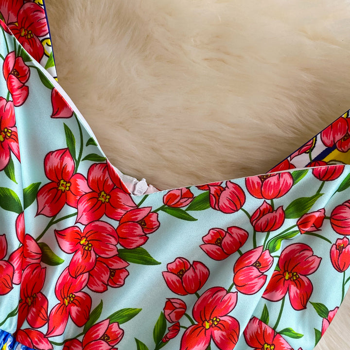 BEAUTIFUL CAPRI<br>Vintage Inspired Vacation Spaghetti Straps Printed High Elastic Waist A-Line Knee-Length Dress