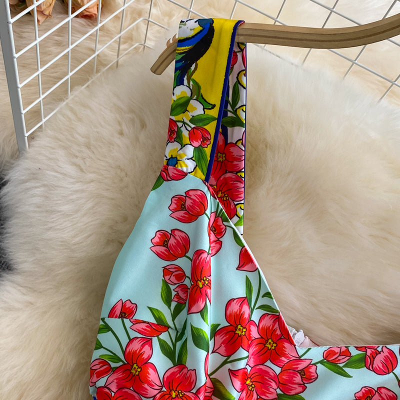 BEAUTIFUL CAPRI<br>Vintage Inspired Vacation Spaghetti Straps Printed High Elastic Waist A-Line Knee-Length Dress