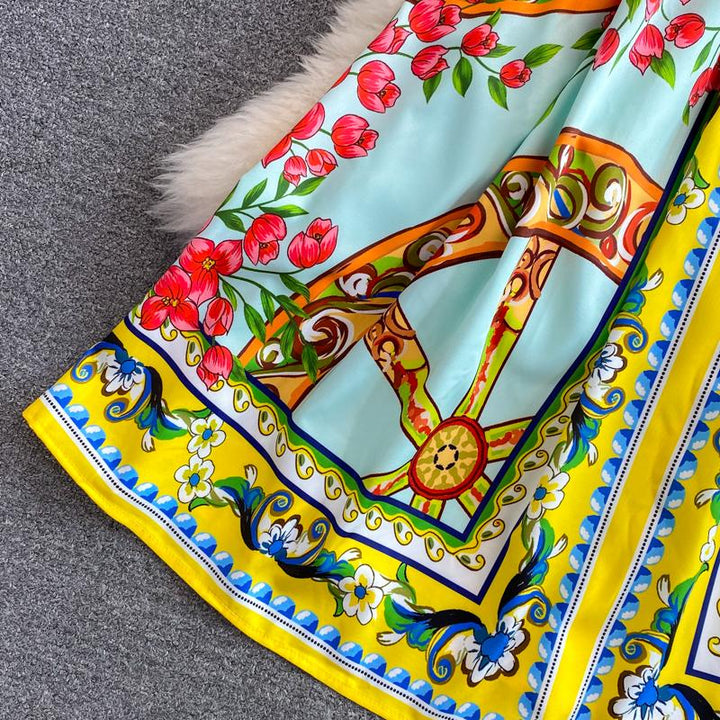 BEAUTIFUL CAPRI<br>Vintage Inspired Vacation Spaghetti Straps Printed High Elastic Waist A-Line Knee-Length Dress
