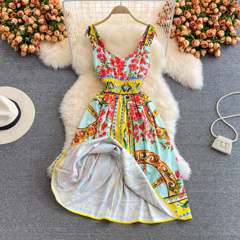 BEAUTIFUL CAPRI<br>Vintage Inspired Vacation Spaghetti Straps Printed High Elastic Waist A-Line Knee-Length Dress