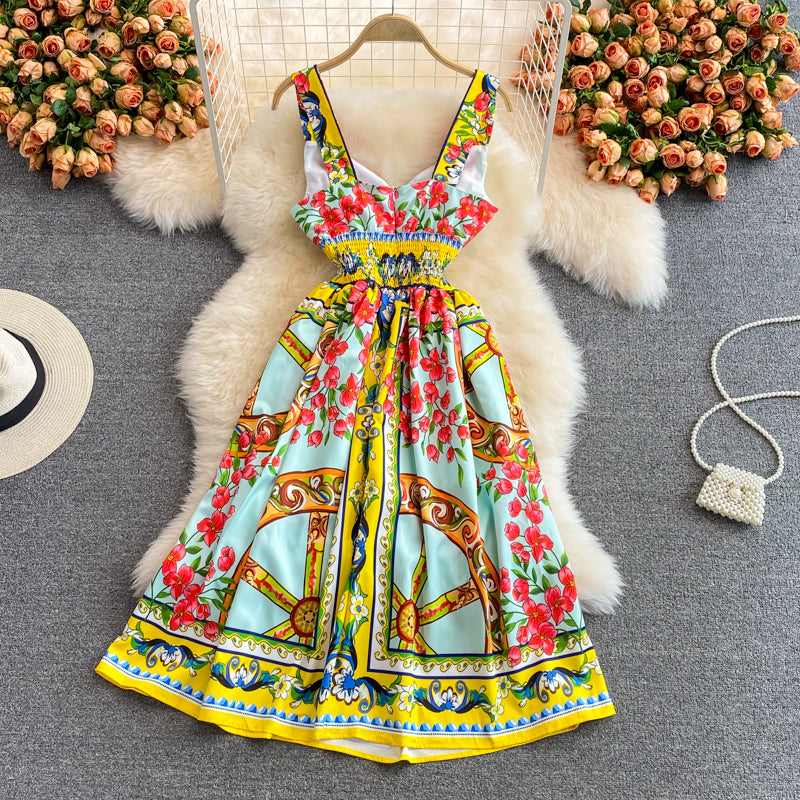 BEAUTIFUL CAPRI<br>Vintage Inspired Vacation Spaghetti Straps Printed High Elastic Waist A-Line Knee-Length Dress