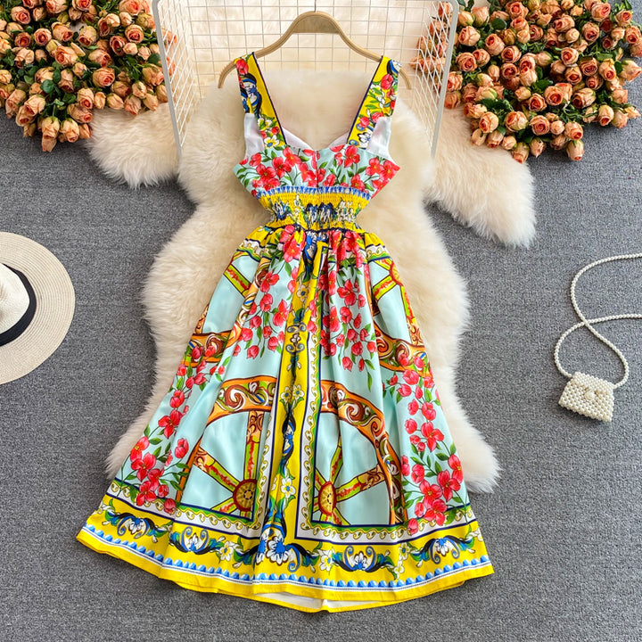 BEAUTIFUL CAPRI<br>Vintage Inspired Vacation Spaghetti Straps Printed High Elastic Waist A-Line Knee-Length Dress