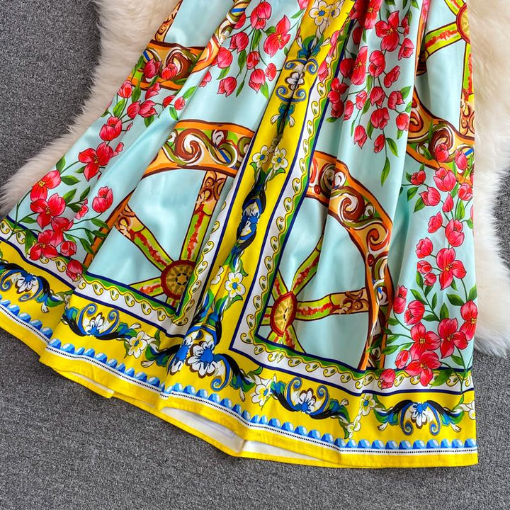 BEAUTIFUL CAPRI<br>Vintage Inspired Vacation Spaghetti Straps Printed High Elastic Waist A-Line Knee-Length Dress