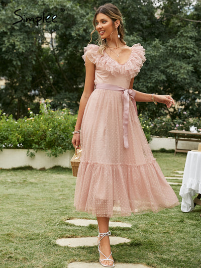 ELLISE<br>Romantic V-Neck Mesh Polka Dot Summer Tulle Backless Pink Ruffles Sleeveless Sashed Ankle-Length Dress