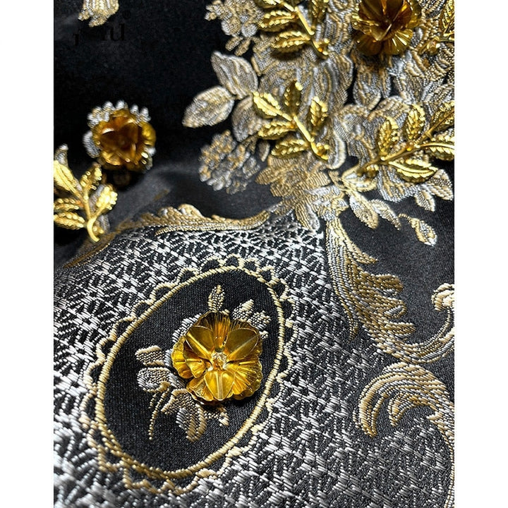 LE MONTMARTRE Vintage luxury Golden Line Flower Jacquard Appliqué Black Mini Dress Tank Dress