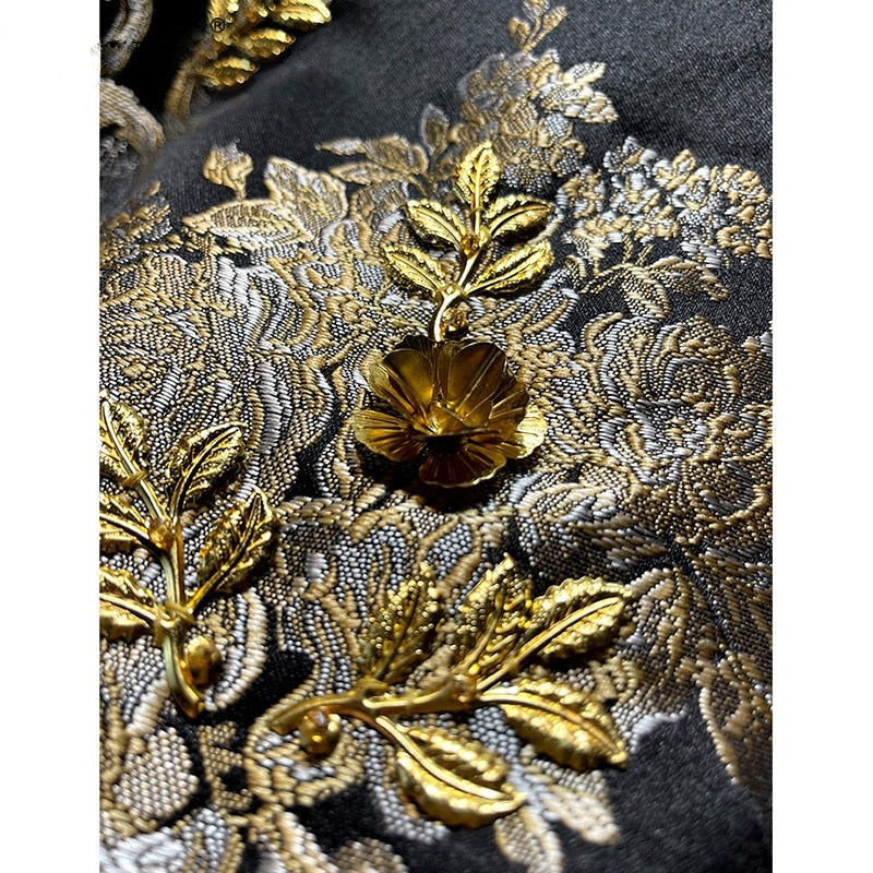 LE MONTMARTRE Vintage luxury Golden Line Flower Jacquard Appliqué Black Mini Dress Tank Dress