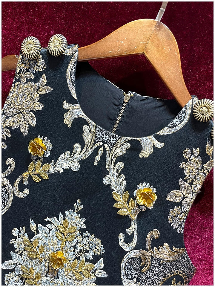 LE MONTMARTRE Vintage luxury Golden Line Flower Jacquard Appliqué Black Mini Dress Tank Dress