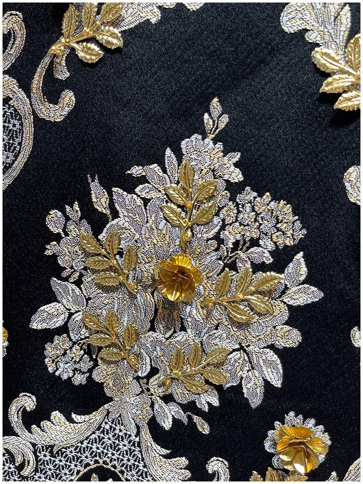 LE MONTMARTRE Vintage luxury Golden Line Flower Jacquard Appliqué Black Mini Dress Tank Dress