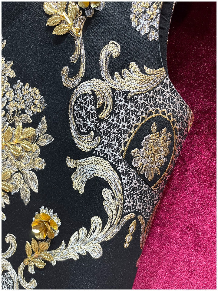 LE MONTMARTRE Vintage luxury Golden Line Flower Jacquard Appliqué Black Mini Dress Tank Dress