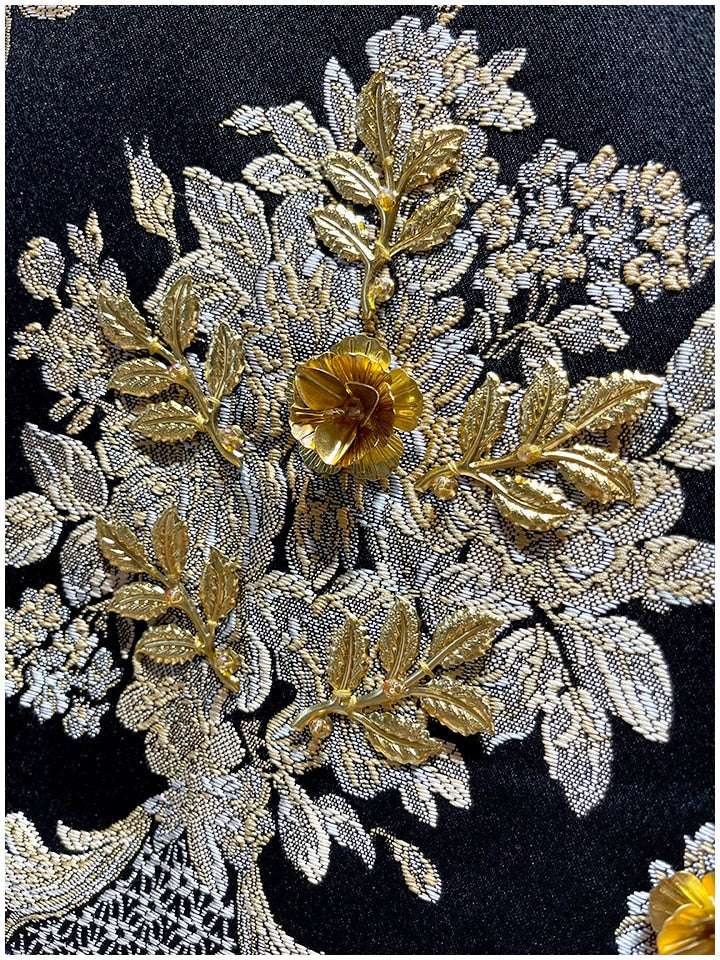 LE MONTMARTRE Vintage luxury Golden Line Flower Jacquard Appliqué Black Mini Dress Tank Dress