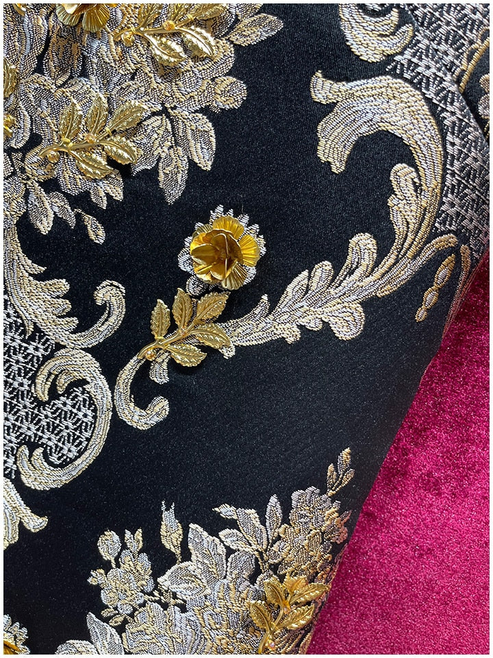 LE MONTMARTRE Vintage luxury Golden Line Flower Jacquard Appliqué Black Mini Dress Tank Dress