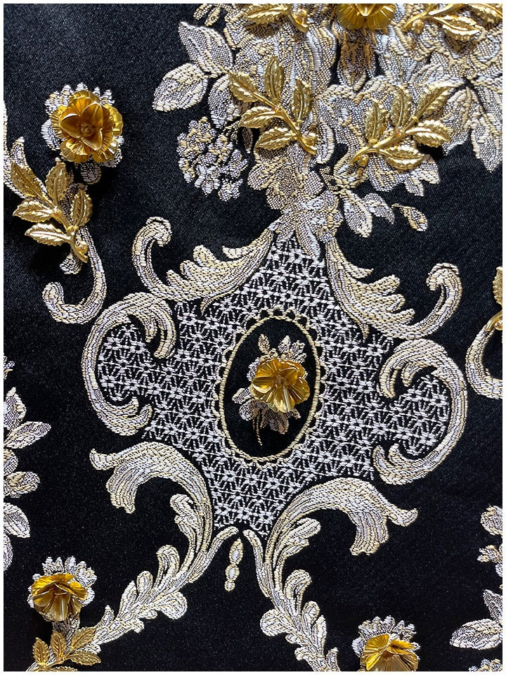 LE MONTMARTRE Vintage luxury Golden Line Flower Jacquard Appliqué Black Mini Dress Tank Dress