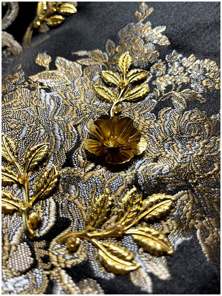 LE MONTMARTRE Vintage luxury Golden Line Flower Jacquard Appliqué Black Mini Dress Tank Dress