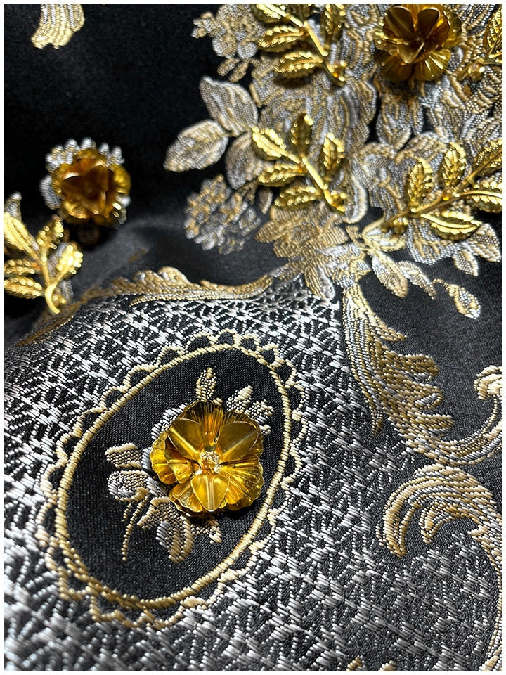 LE MONTMARTRE Vintage luxury Golden Line Flower Jacquard Appliqué Black Mini Dress Tank Dress