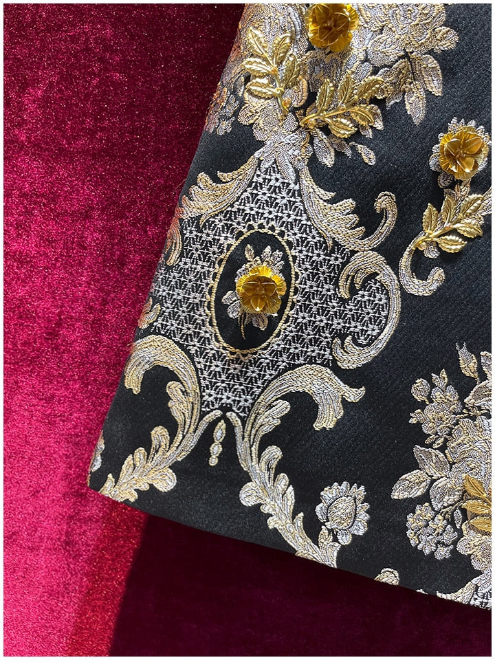 LE MONTMARTRE Vintage luxury Golden Line Flower Jacquard Appliqué Black Mini Dress Tank Dress