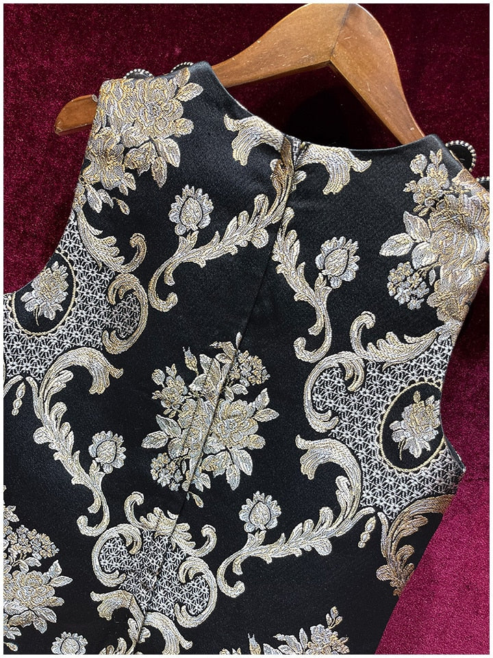 LE MONTMARTRE Vintage luxury Golden Line Flower Jacquard Appliqué Black Mini Dress Tank Dress