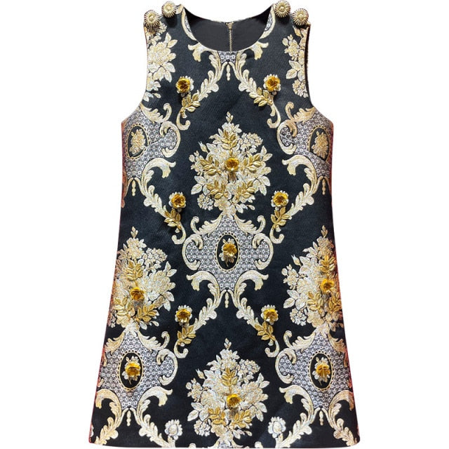 LE MONTMARTRE Vintage luxury Golden Line Flower Jacquard Appliqué Black Mini Dress Tank Dress