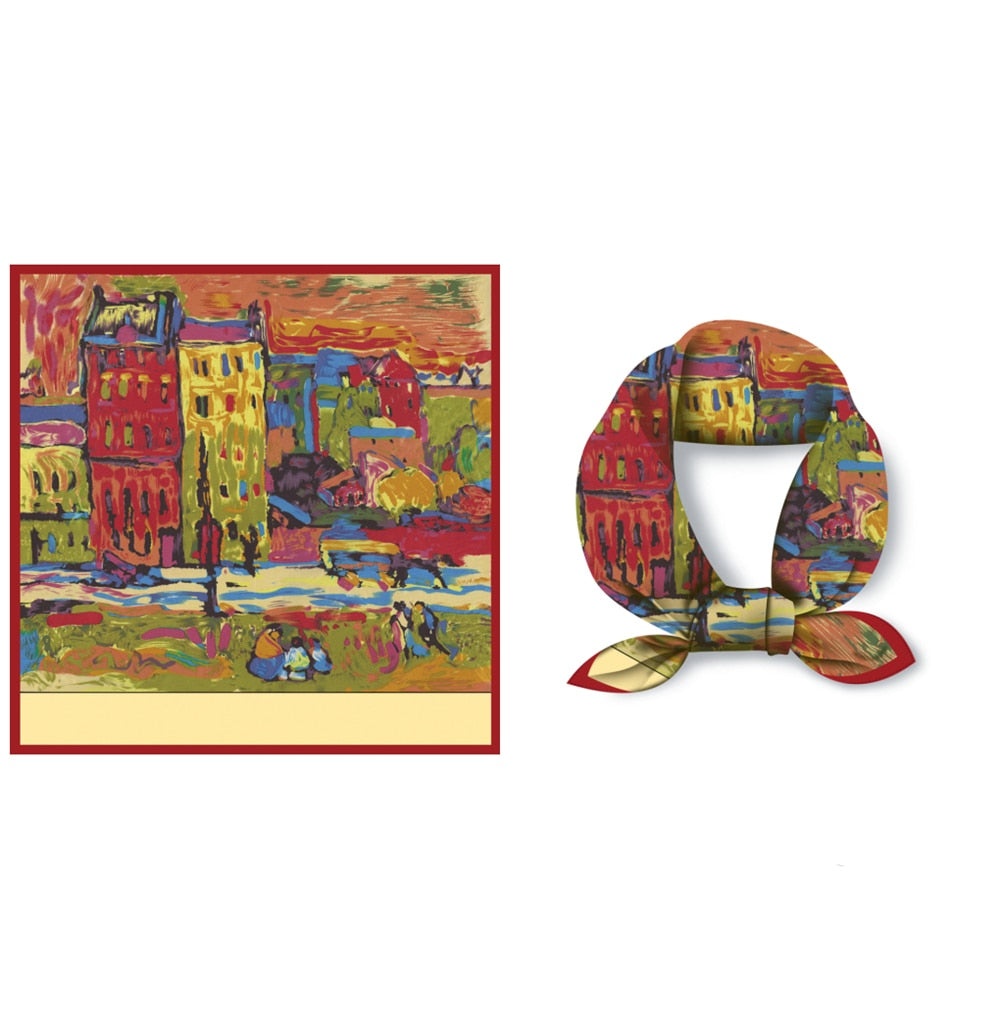 OIL PAINTING INSPIRED<br>Silk Feel Small Square Neck Scarf
