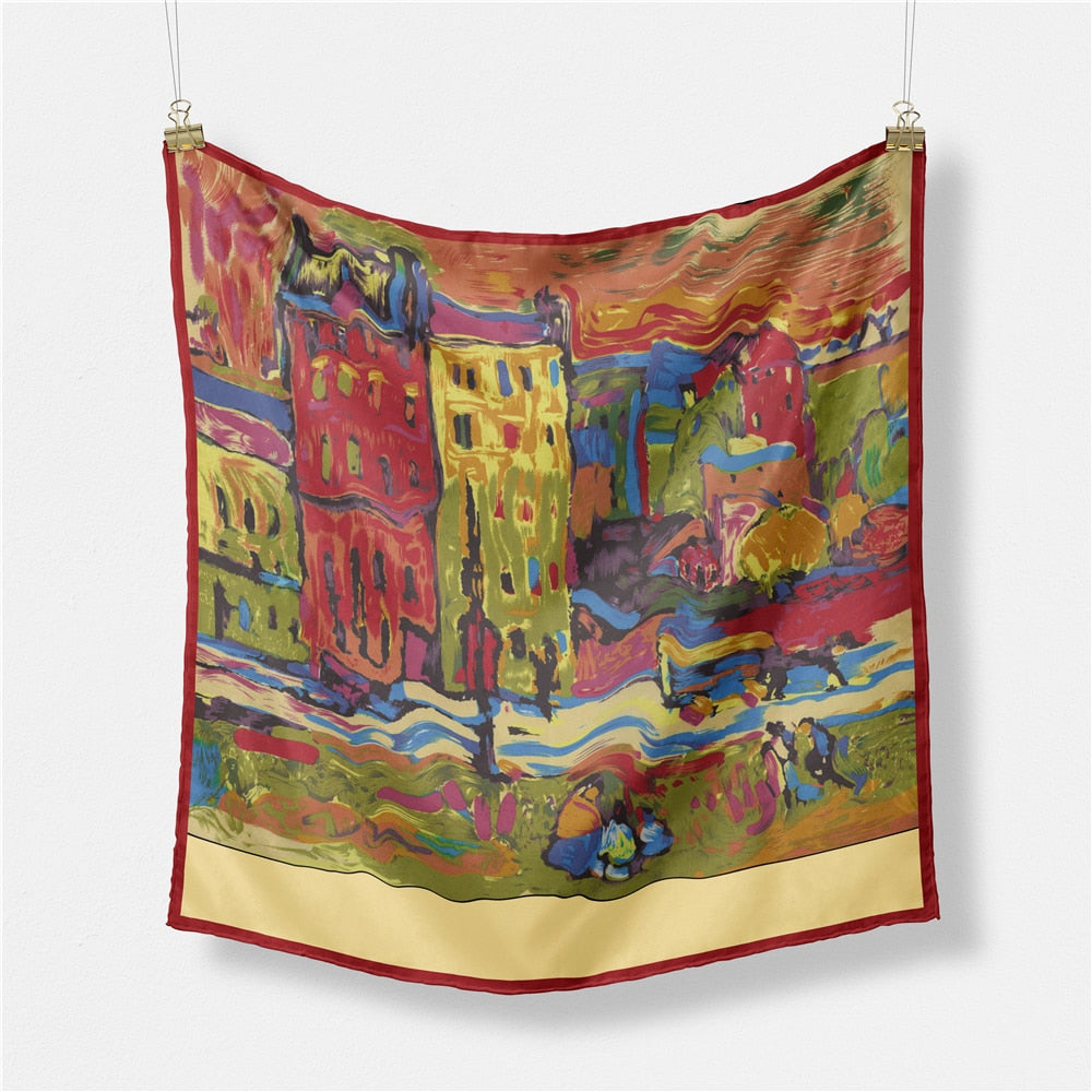 OIL PAINTING INSPIRED<br>Silk Feel Small Square Neck Scarf