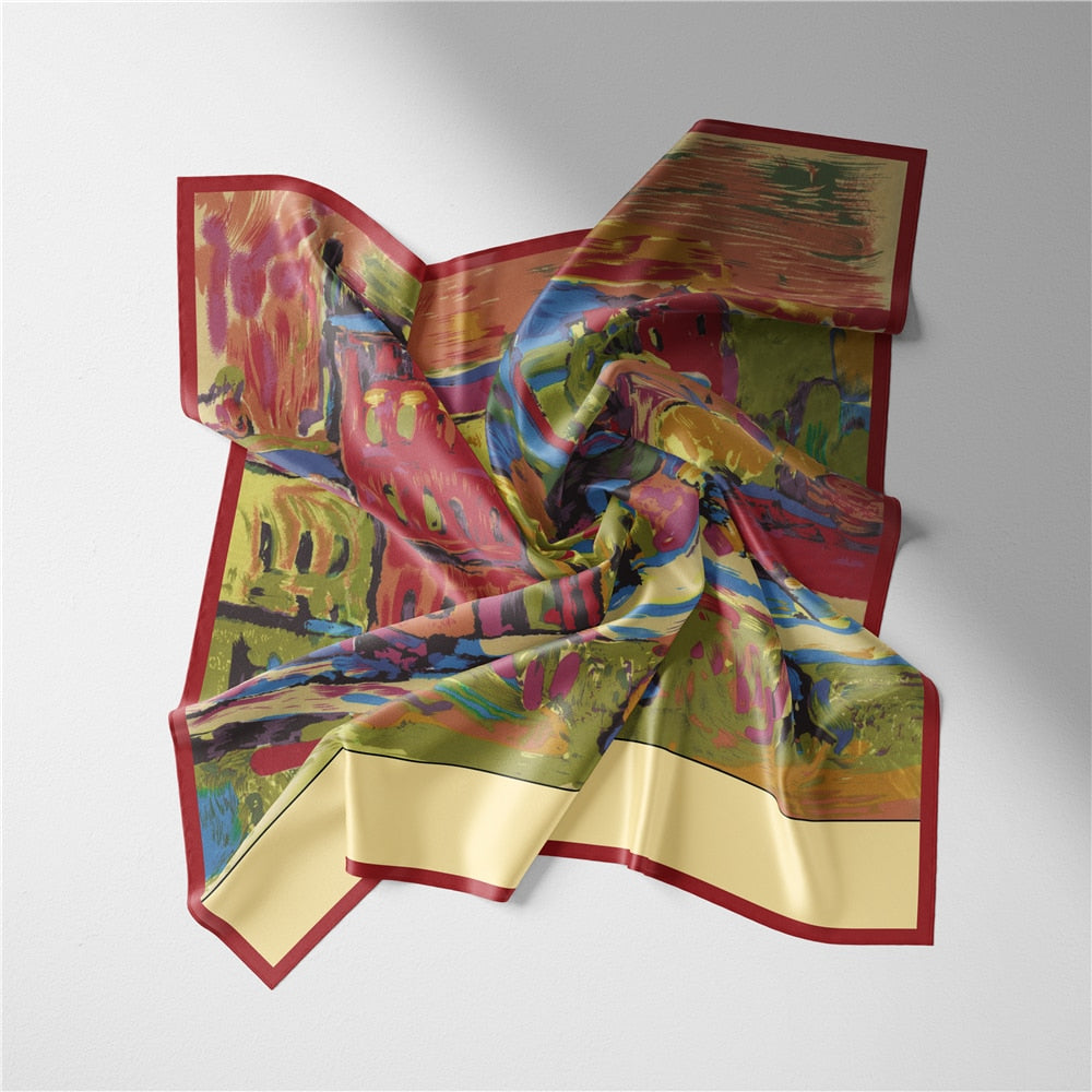 OIL PAINTING INSPIRED<br>Silk Feel Small Square Neck Scarf