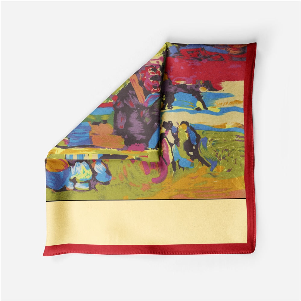 OIL PAINTING INSPIRED<br>Silk Feel Small Square Neck Scarf