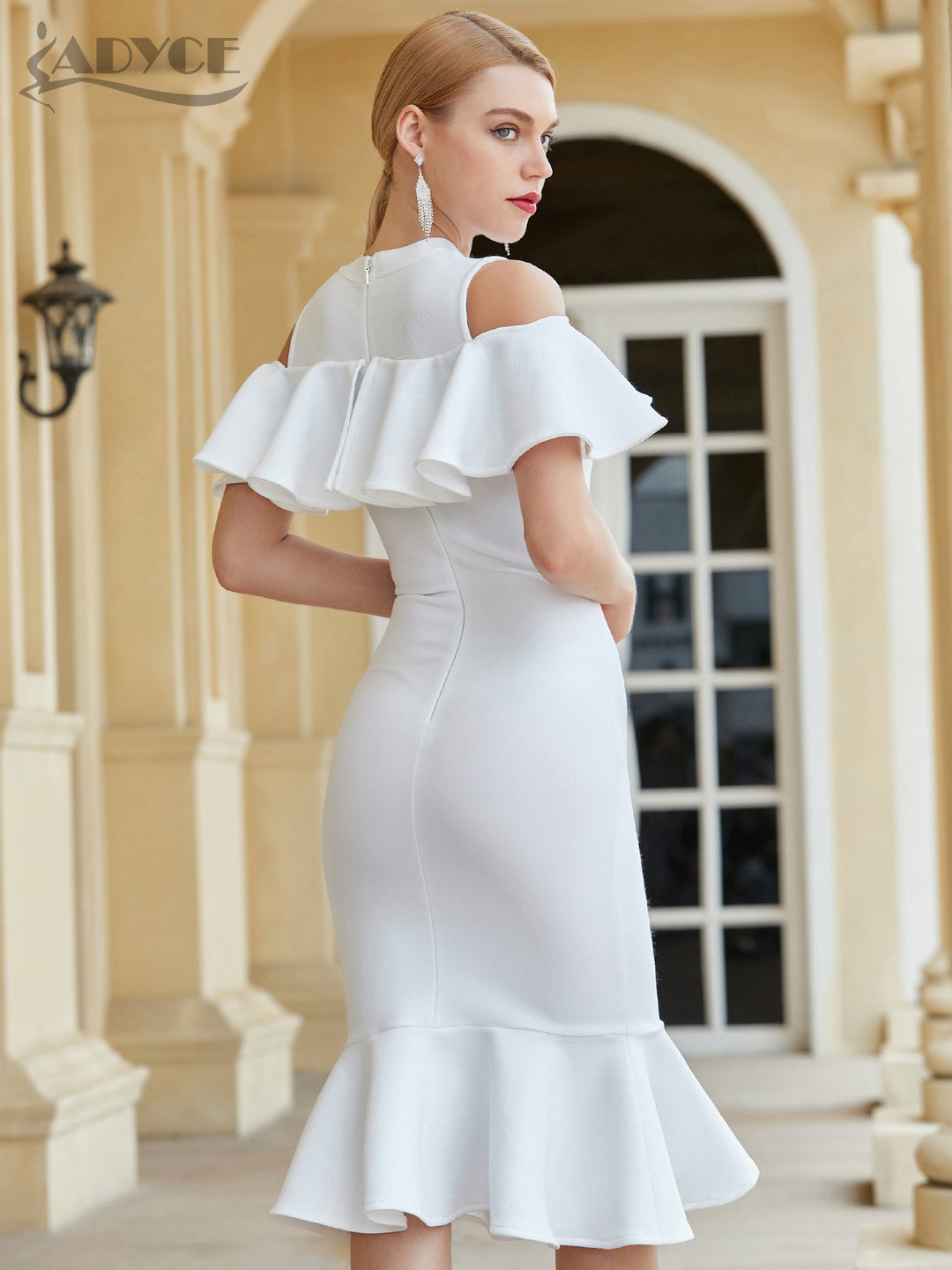 ADLEY<br>Social Club White Ruffles Bandage Style Sexy Hollow-Out Short Flare Sleeves Dress