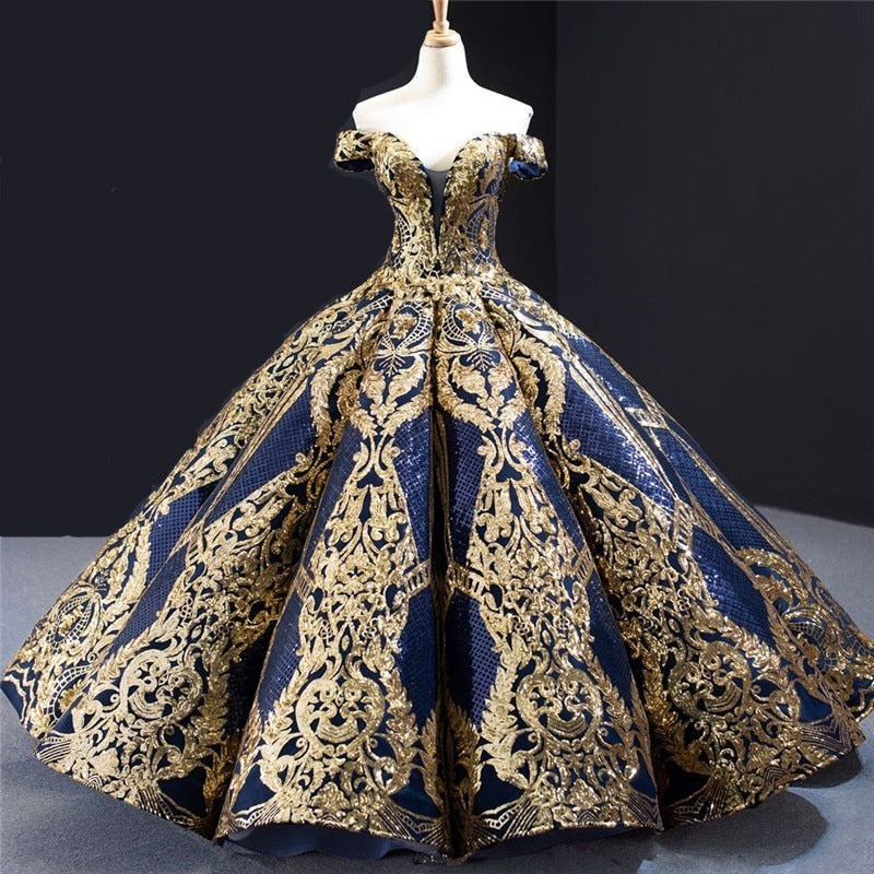 KABIRA<br>Oriental Luxury Blue Gold Sequined Off-the-Shoulder Lace-Up Bridal Gown