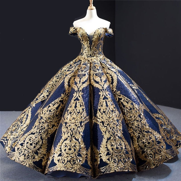 KABIRA<br>Oriental Luxury Blue Gold Sequined Off-the-Shoulder Lace-Up Bridal Gown
