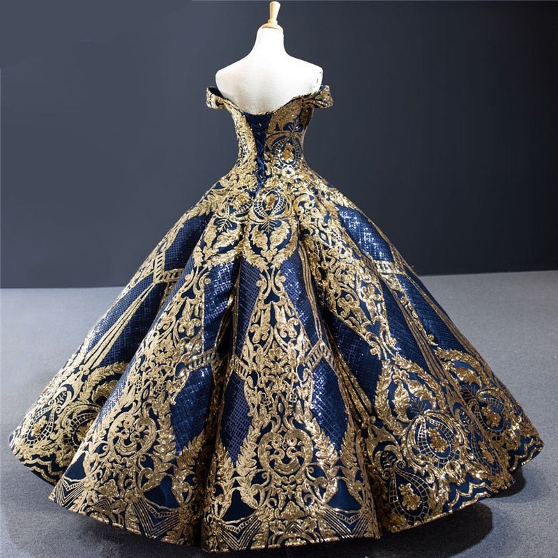 KABIRA<br>Oriental Luxury Blue Gold Sequined Off-the-Shoulder Lace-Up Bridal Gown