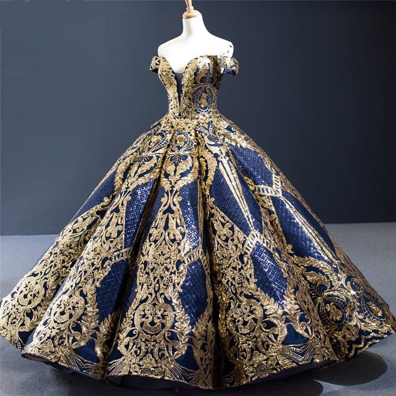KABIRA<br>Oriental Luxury Blue Gold Sequined Off-the-Shoulder Lace-Up Bridal Gown