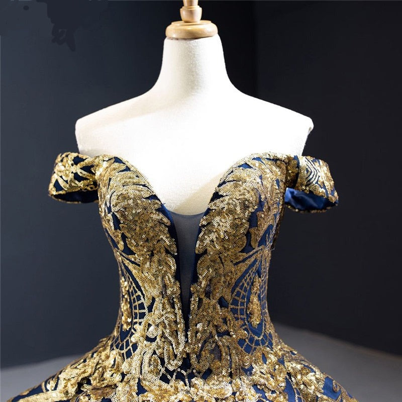 KABIRA<br>Oriental Luxury Blue Gold Sequined Off-the-Shoulder Lace-Up Bridal Gown