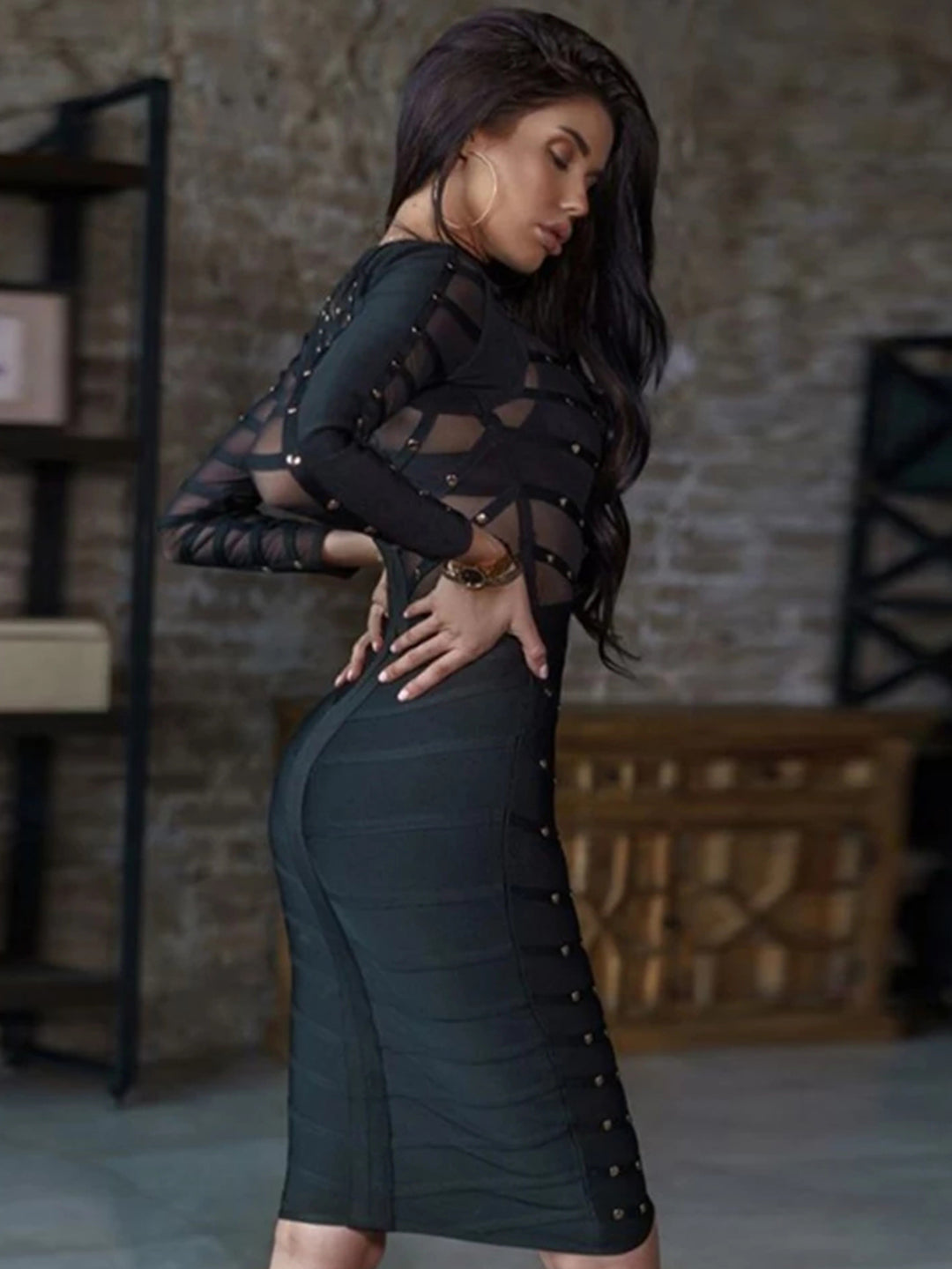 AYGARD<br>Black Lace Bandage Long Sleeve Sexy Mesh Beaded Bodycon Midi Dress