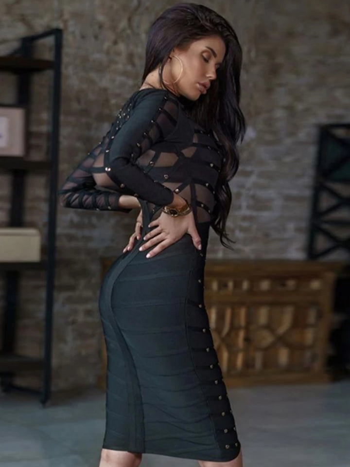 AYGARD<br>Black Lace Bandage Long Sleeve Sexy Mesh Beaded Bodycon Midi Dress