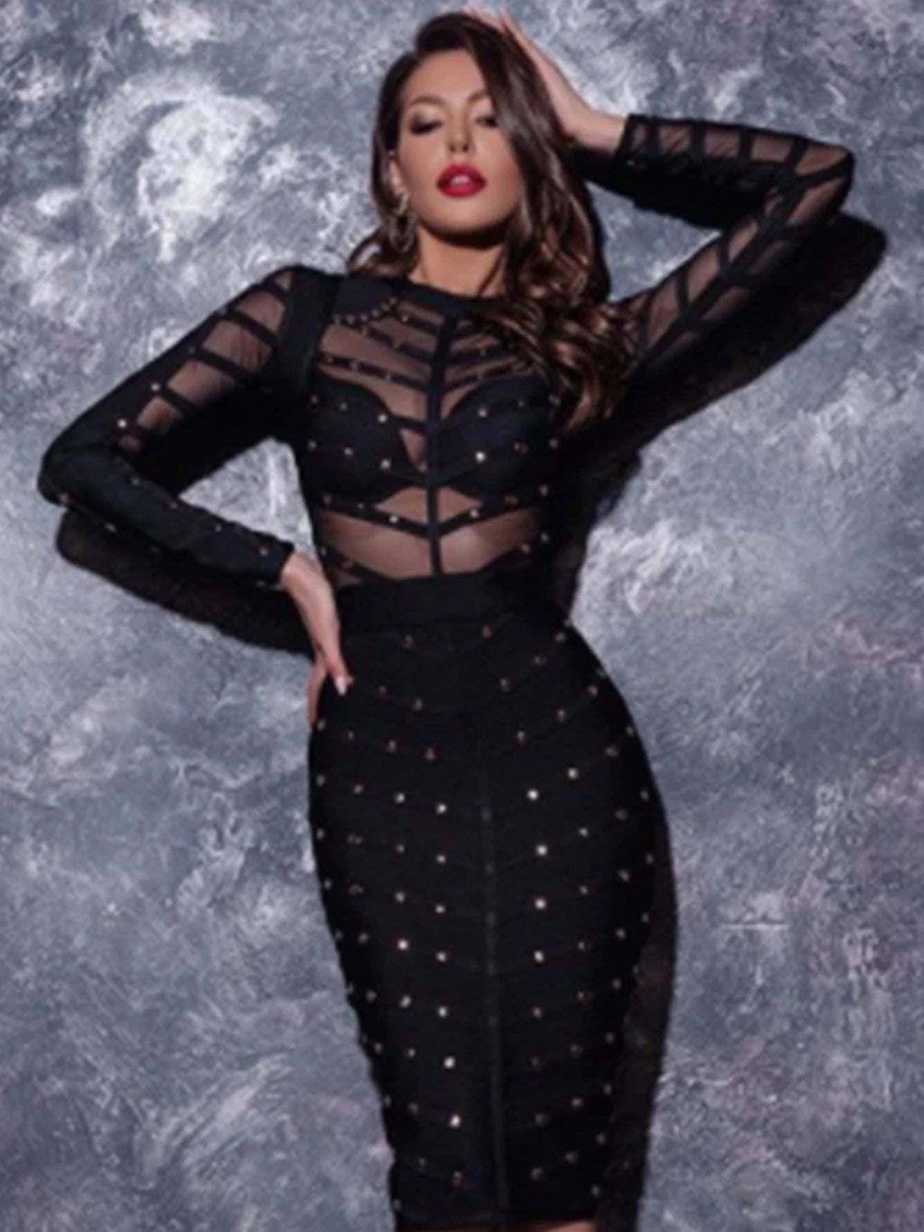 AYGARD<br>Black Lace Bandage Long Sleeve Sexy Mesh Beaded Bodycon Midi Dress