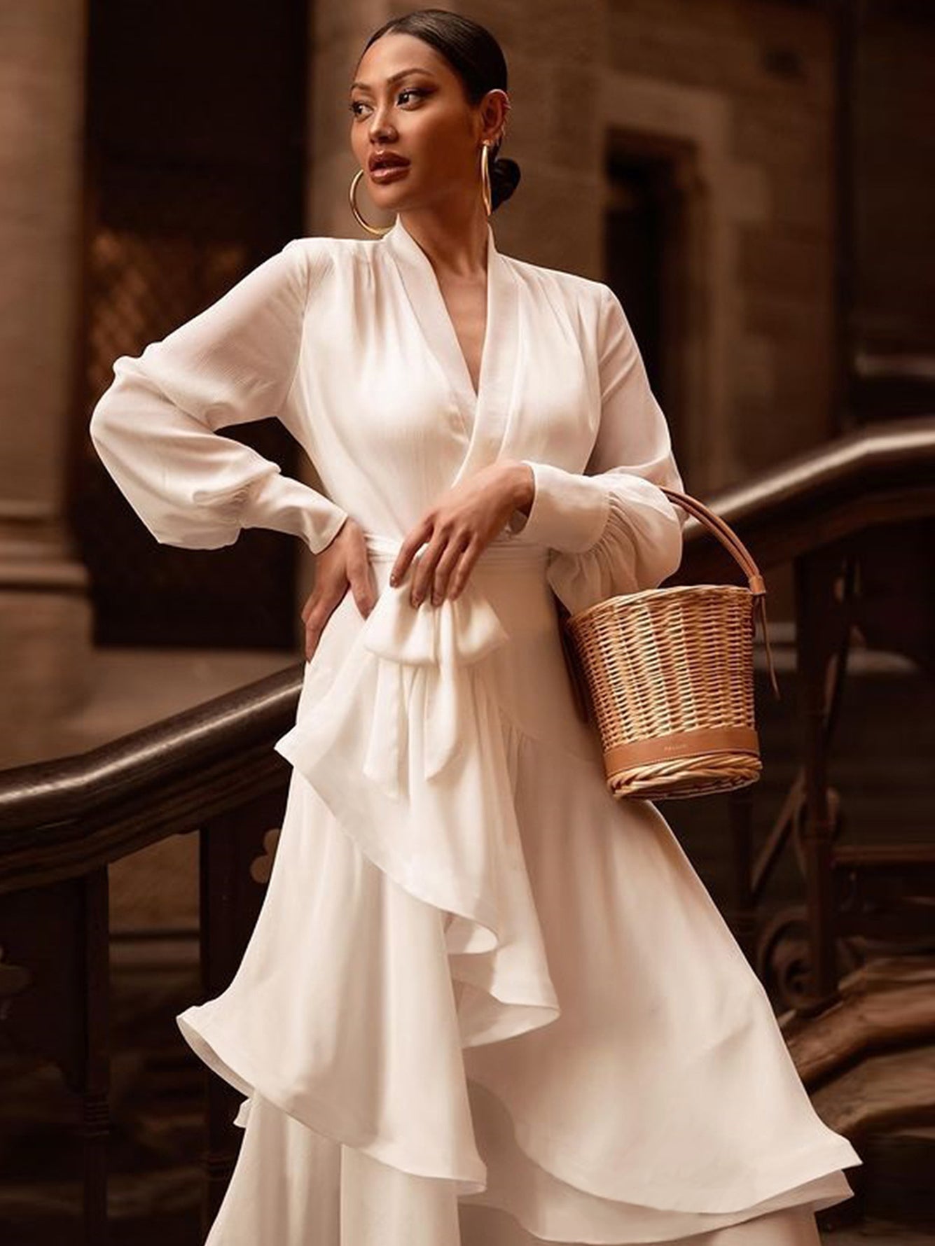 ADELYN<br>Elegant White Ruffles Maxi Dress V-Neck Long Sleeve Dress