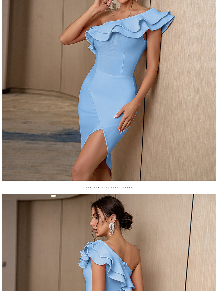 APRIL<br>Elegant Night Club Wear Bandage Sexy One Shoulder Short Sleeve Ruffles Evening Midi Bodycon Party Outfit Dress