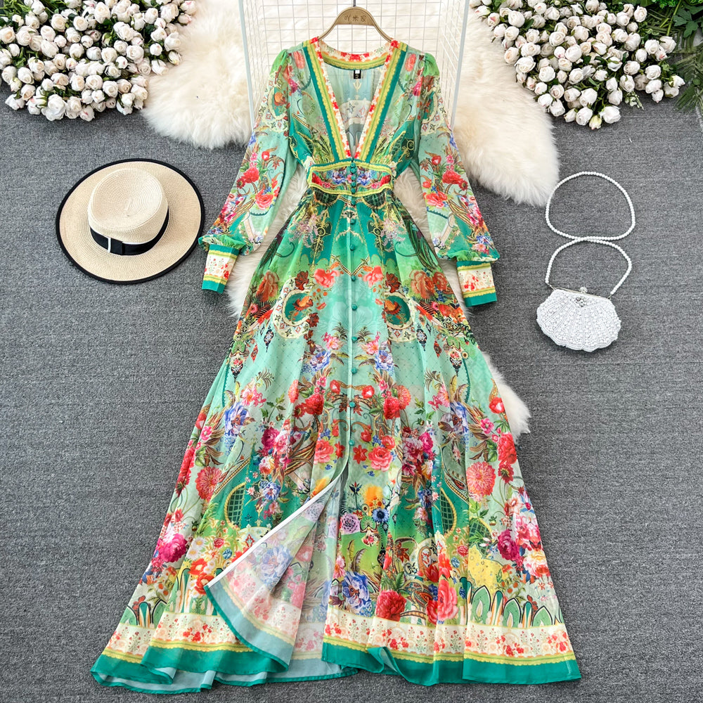 Elegant Chiffon Deep V Neckline Print Maxi Dress