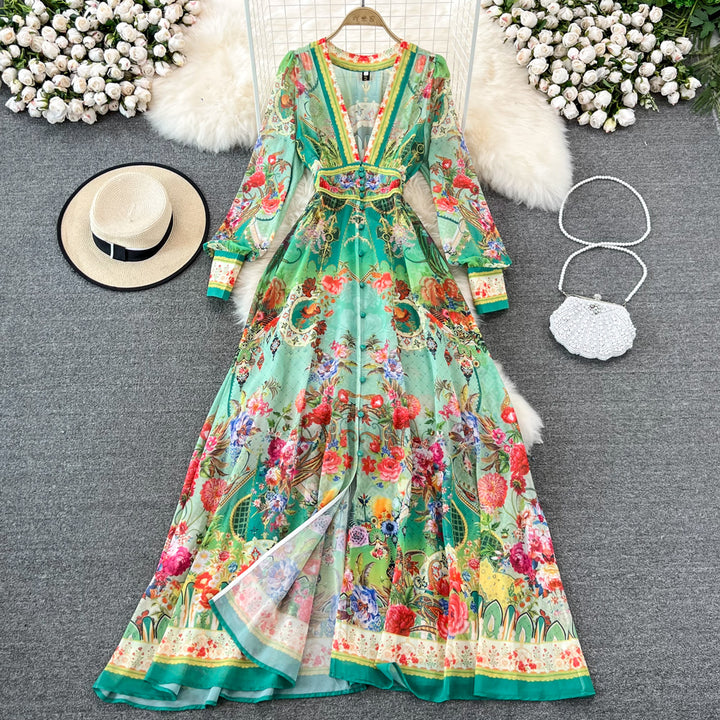 Elegant Chiffon Deep V Neckline Print Maxi Dress