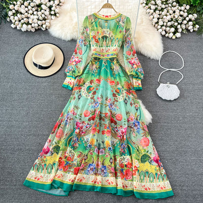 Elegant Chiffon Deep V Neckline Print Maxi Dress