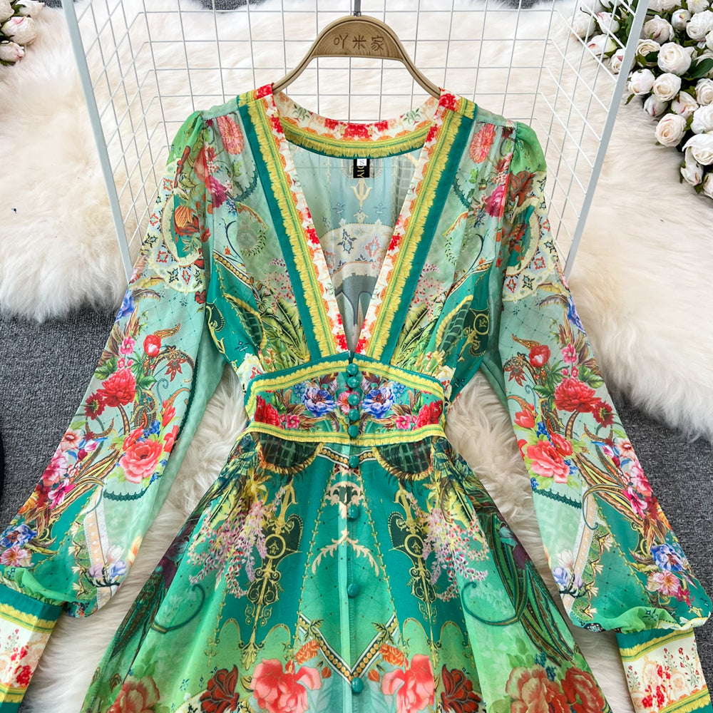 Elegant Chiffon Deep V Neckline Print Maxi Dress